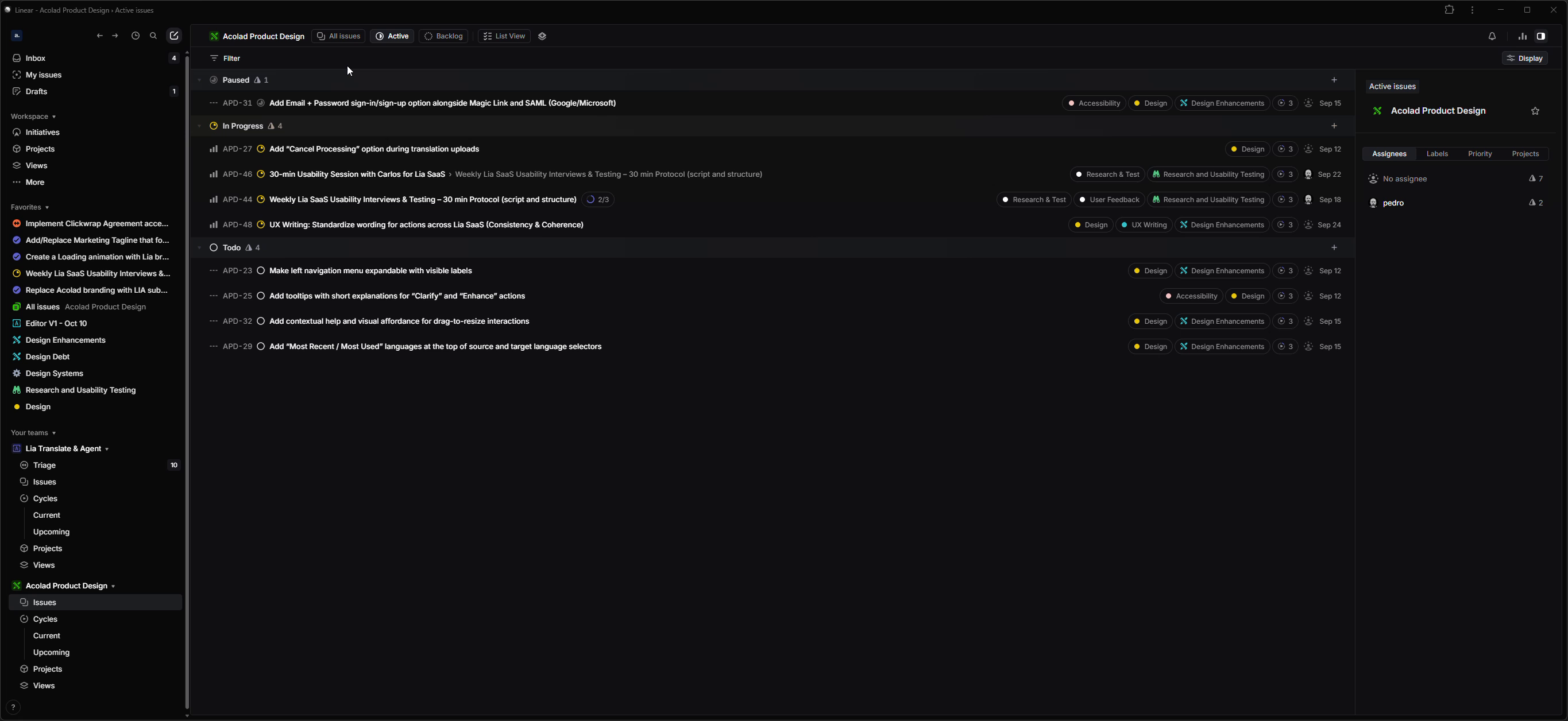 Acolad Product Design workflow in Linear