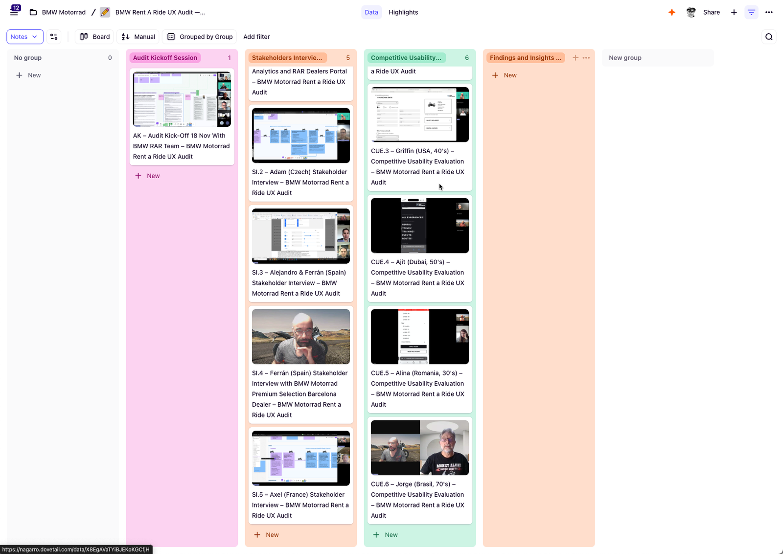 Dovetail research workspace for the BMW Motorrad Rent A Ride audit