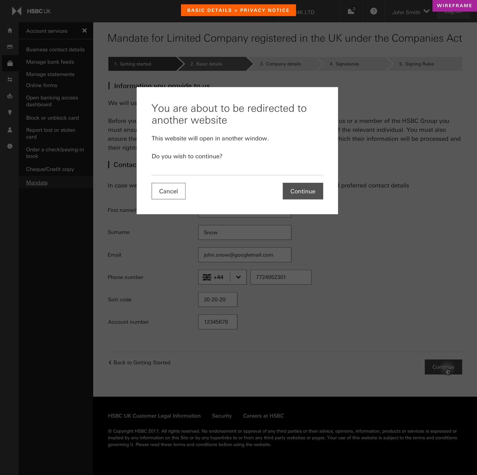 CMB Mandates wireframe — review and submit state